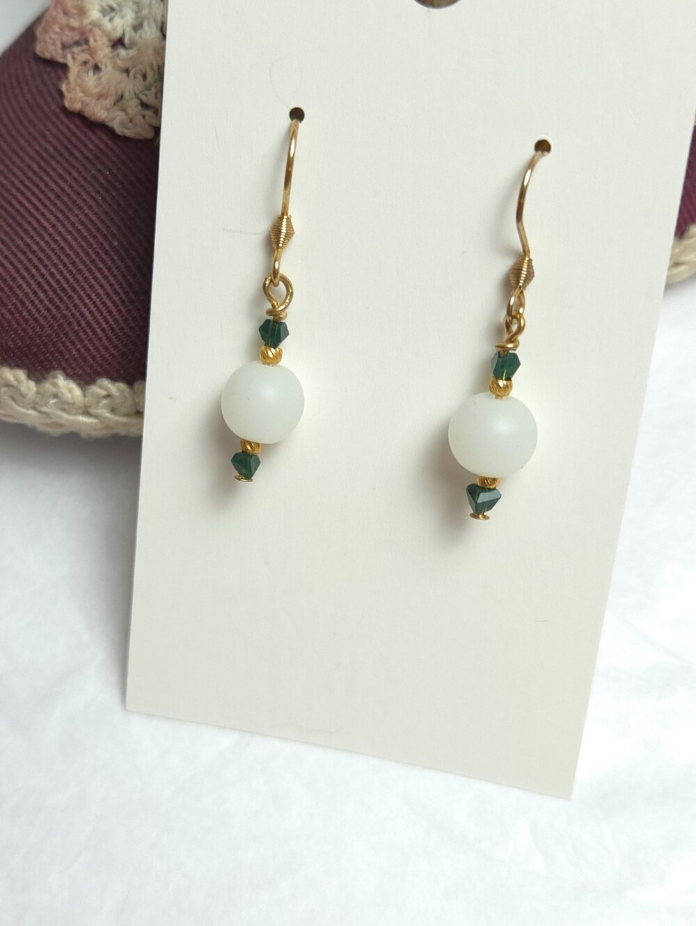 Handmade White Frosted Glass Bead & Green Crystal Gold Plated Earrings Dangles